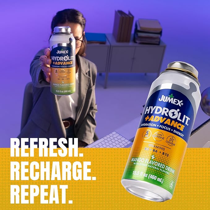 Jumex Hydrolit +Advance Hydration Energy Drinks - 90 Calorie Mango Sports Drinks - Non Carbonated Electrolyte &amp Vitamin Water with Ions Choline B3 B6 B12 &amp Natural Caffeine - 15.5oz 12 Pa