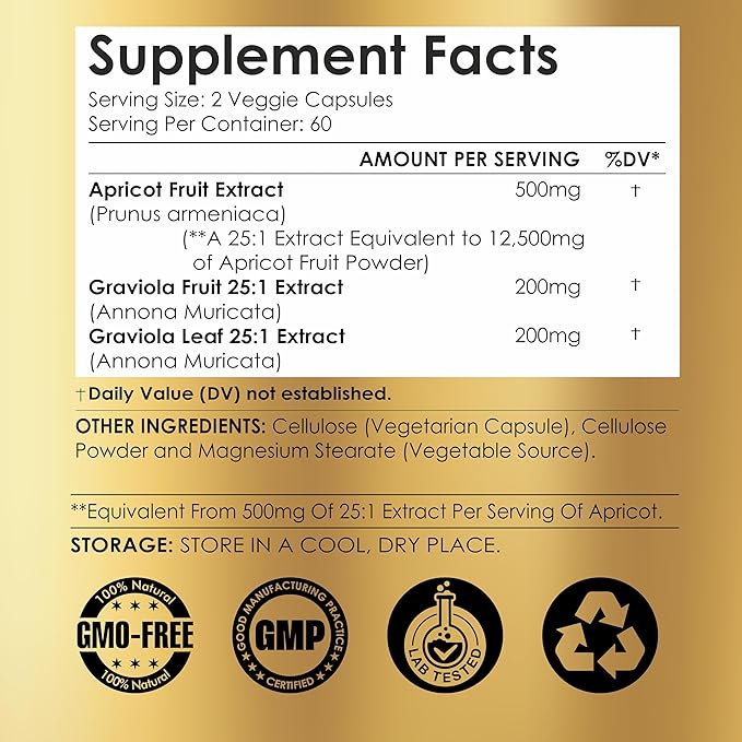 Apricot 500 mg with Soursop Graviola Extract Capsule - 120 Veggie Capsules 60 Servings Non-GMO Vegan