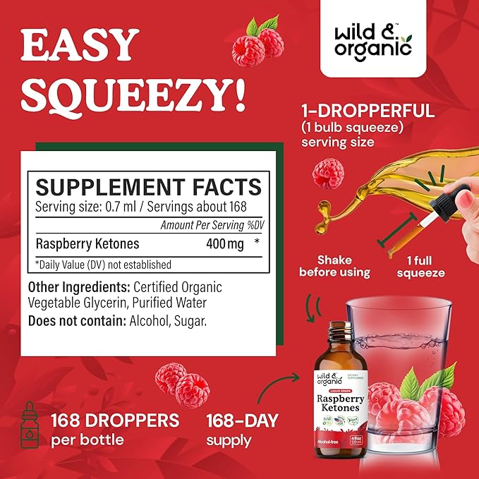 Wild &amp Organic Raspberry Ketones Liquid Drops - Vegan Raspberry Ketones Supplement for Overall Well-Being - 5-Month Supply - Non-GMO No Alcohol &amp Sugar - 4 fl oz
