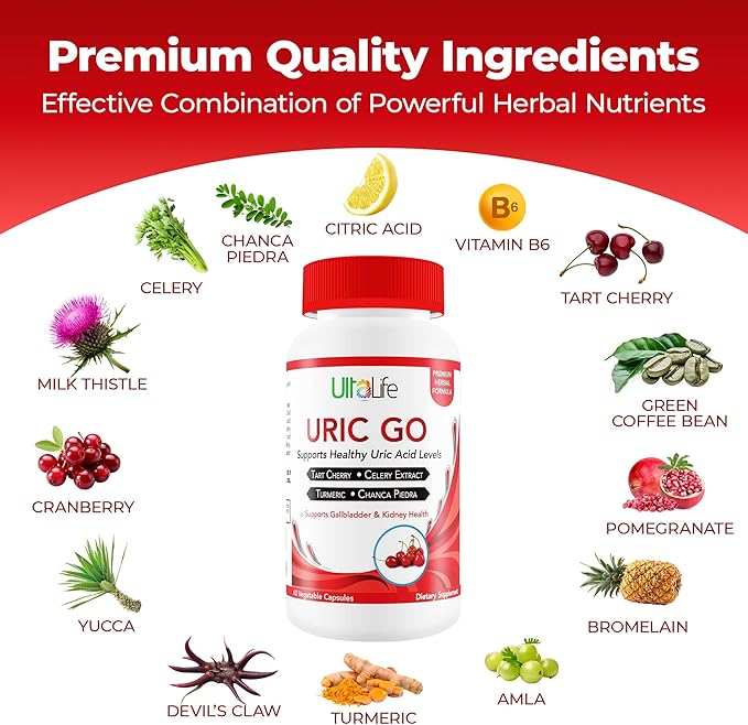 #1 URIC GO Uric Acid Cleanse Support Supplement for G.O.U.T - Natural Kidney Cleanse Detox Formula Chanca Piedra Celery Seed Tart Cherry Cranberry Pomegranate Turmeric Vegan Non-GMO 60 Capsules