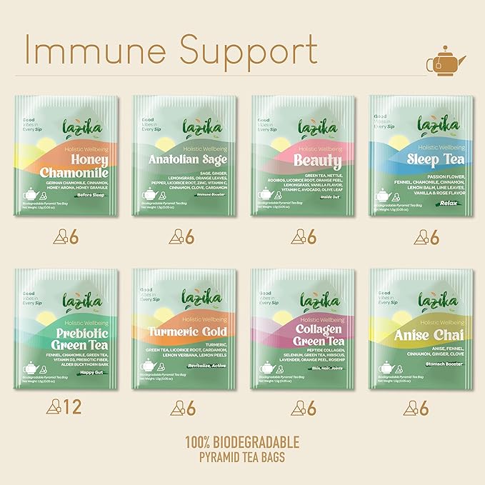 Lazika Herbal Tea Variety Pack with Lovely Presentation Box 54 Counts Immune Support Tea Assortment Gift Set Premium Collection with Pyramid Infuser Bag Handcrafted