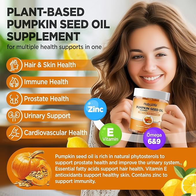 Pumpkin Seed Oil Gummies with Saw Palmetto Pumpkin Seed Oil Extract for Hair Growth &amp Prostate Health Cold-Pressed Supplements for Women Men Vegan Sugar Free Lemon 60 Chewable