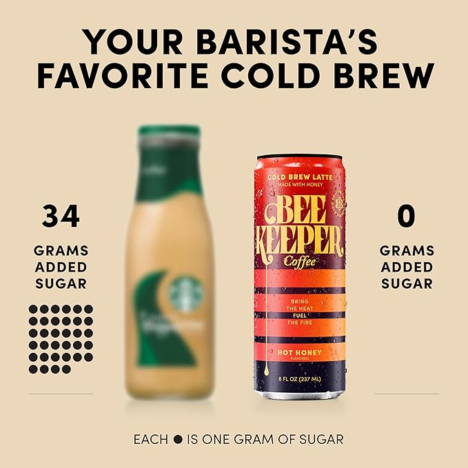 Beekeeper Hot Honey Latte Cold Brew Coffee Drinks with Oregon Honey | 12 Pack Refreshing Iced Coffee - Unsweetened &amp Strong Arabica Brew 8 fl oz Ready-to-Drink Can - 180mg Natural Caffeine
