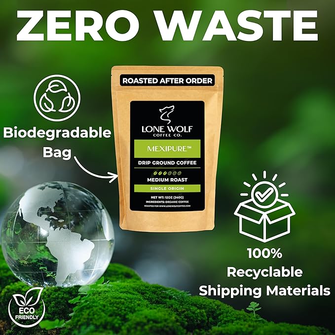 Mexipure - Freshly Roasted After Your Order – Specialty Grade Organic Single Origin Medium to Dark Roast Drip Ground Coffee No Bitterness Ethically Sourced 12OZ Compostable Bag