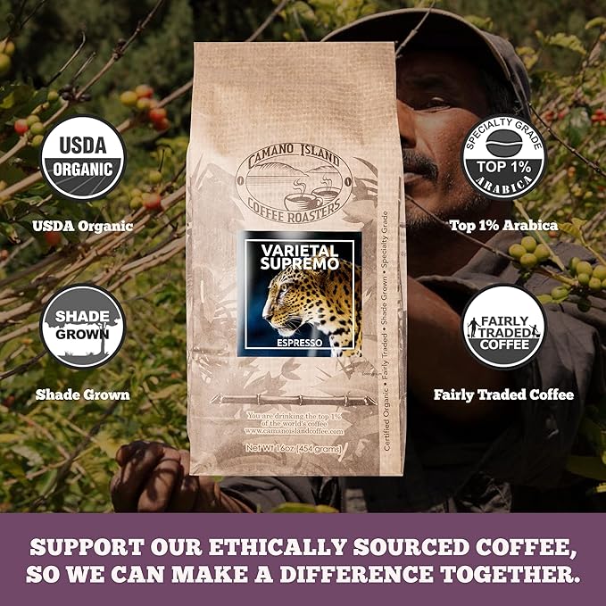 Camano Island Coffee Roasters Varietal Supremo Espresso Blend Ground 1lb Fresh Dark Roast USDA Organic Fairly Traded Shade Grown Arabica Chocolate Caramel Hint of Spice Flavor Profile