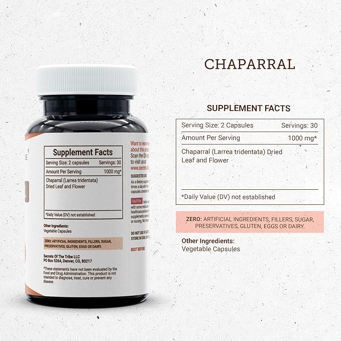Secrets of the Tribe Chaparral 60 Capsules 1000 mg Chaparral (Larrea tridentata) Dried Leaf and Flower (60 Capsules)
