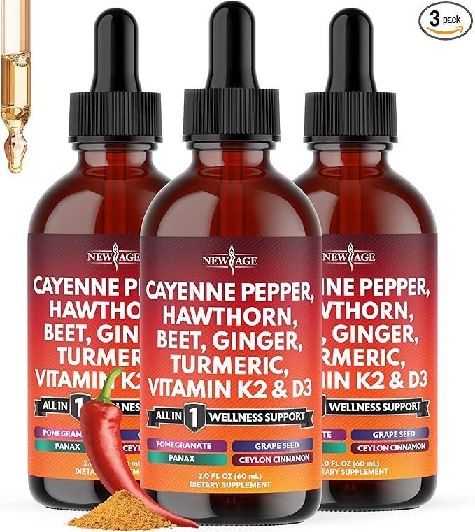 Cayenne Pepper Supplement Liquid Drops + Hawthorn Berry Vitamin D3 K2 Beet Root Powder Ceylon Cinnamon Turmeric Curcumin Organic Panax Ginseng - 6oz