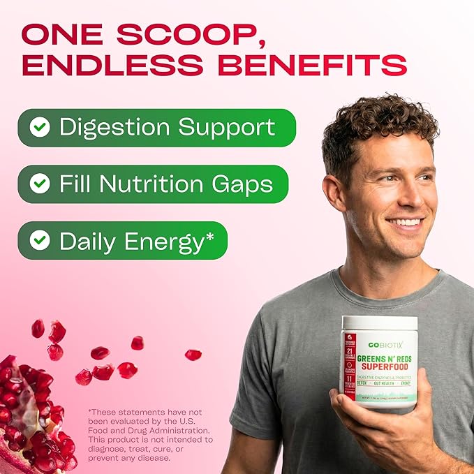 GOBIOTIX Super Greens Powder with Organic Spirulina - Superfood Supplement with Fruit Blend Probiotics and Enzymes for Digestive Health - Vegan Non-GMO - 30 Servings (Pomegranate Raspberry - 1 Pack)