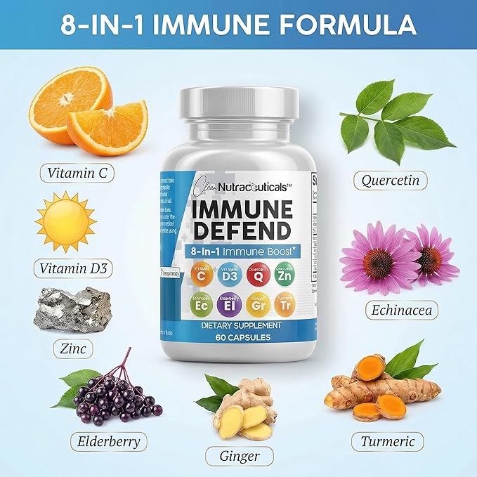 Clean Nutraceuticals Immune Defense Support Supplement 8 in 1 with Zinc 50mg Quercetin VIT C 1000mg Vitamin D3 5000 IU Elderberry Ginger - Immunity System Booster for Adults Vegan - 60 Count