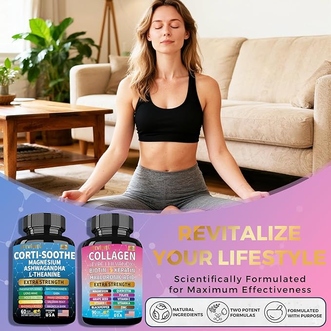 Shining Serenity Set Cortisol Support with Ashwagandha L-Theanine Magnesium Lions Mane GABA Bacopa Monnieri Collagen Biotin Keratin Hyaluronic Acid Quercetin