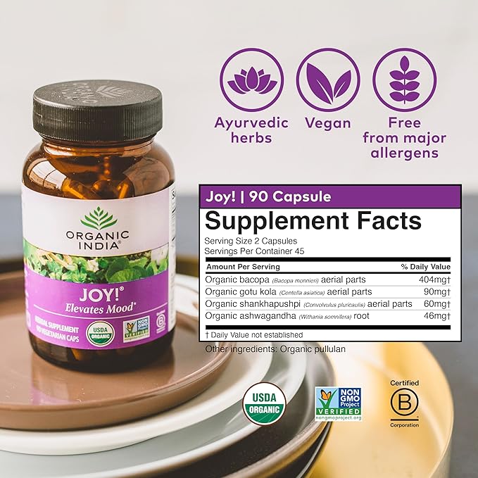 ORGANIC INDIA Joy Herbal Supplement - Immune Support Promotes Memory &amp Concentration Vegan Gluten-Free Kosher USDA Certified Organic Non-GMO Calming - 90 Capsules