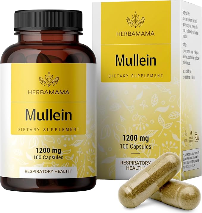 HERBAMAMA Mullein Leaf Capsules - 1200mg Mullein Leaf Extract for Lung Detox Support - Vegan Non-GMO Respiratory Lung Cleanse Supplement
