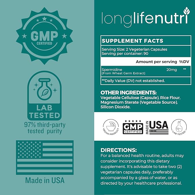 LongLifeNutri Spermidine 20mg Supports Cellular Health &amp Brain Function - 180 Count 2 Serving Size Vegan Capsules Wheat Germ Extract Naturally Support Wellness Lab Tested Crafted in USA