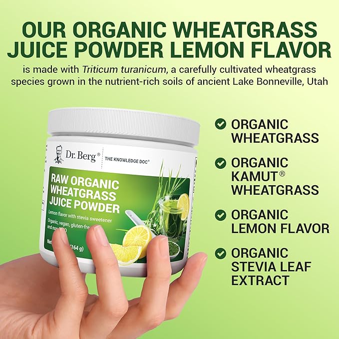 Dr. Berg USDA Certified Organic Green Powder Superfood (60 Servings) - Made with Raw Wheatgrass Chlorophyll Trace Minerals &amp Natural Enzymes - Non-GMO Green Superfood Powder - Lemon Flavor