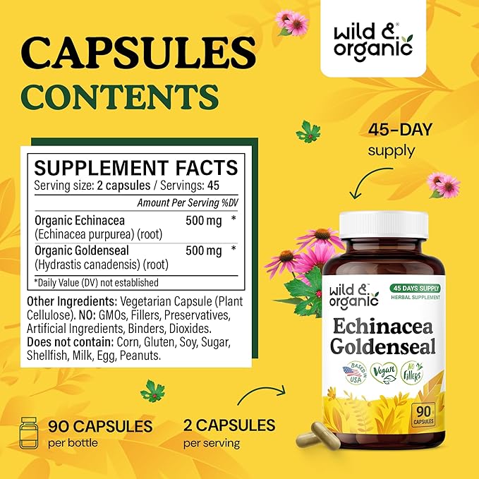 Wild &amp Organic Echinacea Goldenseal Capsules - Immune &amp Lung Support - Echinacea Complex Supplement - Hydrastis Canadensis &amp Purpurea - Vegan No Fillers Non-GMO - 90 Count