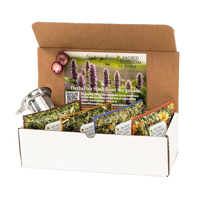 Sacred Blossom Farm Herbal Tea | Box of Flavor Set | 4 Top Selling Flavors | Farm Direct | Loose Leaf Tea | All Natural &amp Sustainably Grown in USA | Caffeine Free | 100+ Servings