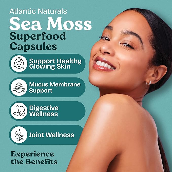 Atlantic Naturals Superfood Organic Irish Sea Moss Capsules - 120 Veggie Capsules | Wildcrafted Organic Sea Moss Supplement for Men &amp Women | Better Than Sea Moss Gel | Support Immunity &amp Skin
