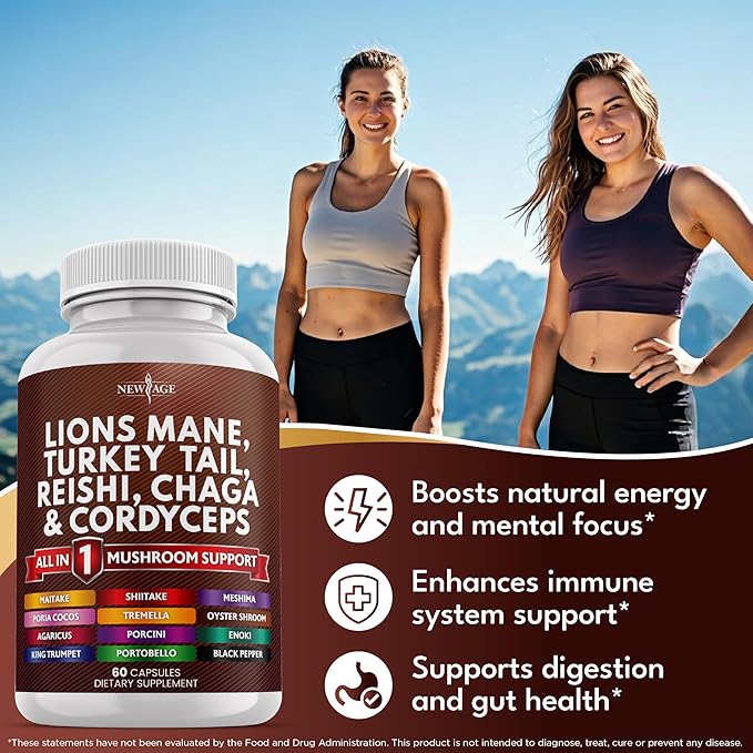 NEW AGE Lions Mane Mushroom Supplement with Turkey Tail Reishi Cordyceps Chaga with Marshmallow Root 180 Count