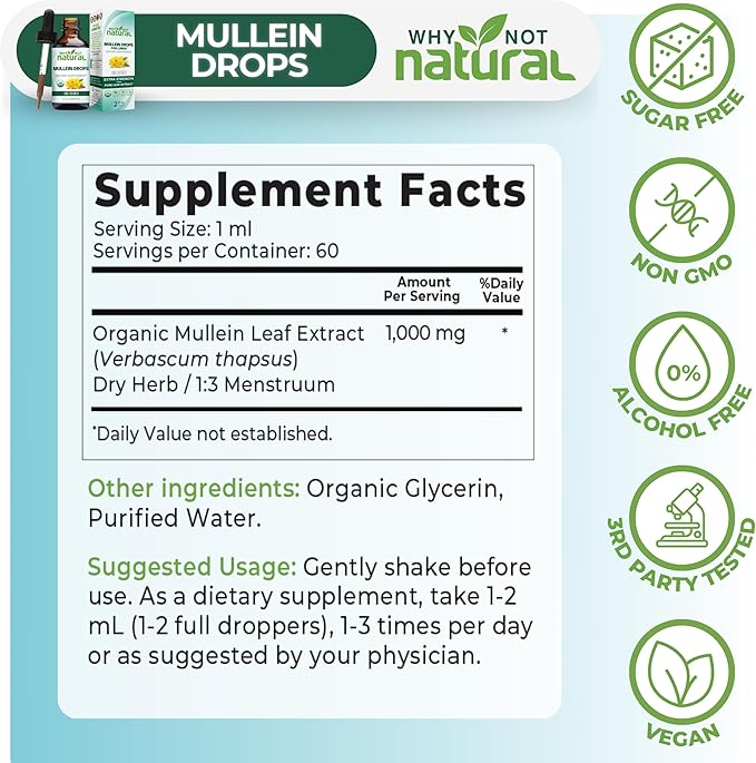 USDA Organic Mullein Drops for Lungs - Leaf Extract Tincture Supplement