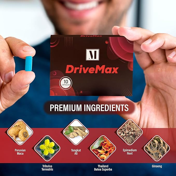 DriveMax Sports Nutrition Supplement | Daily Energy &amp Wellness Support for Active Lifestyles | Botanical Formula with Maca Root Panax Ginseng &amp Tongkat Ali | Travel-Friendly 10 Count Pack