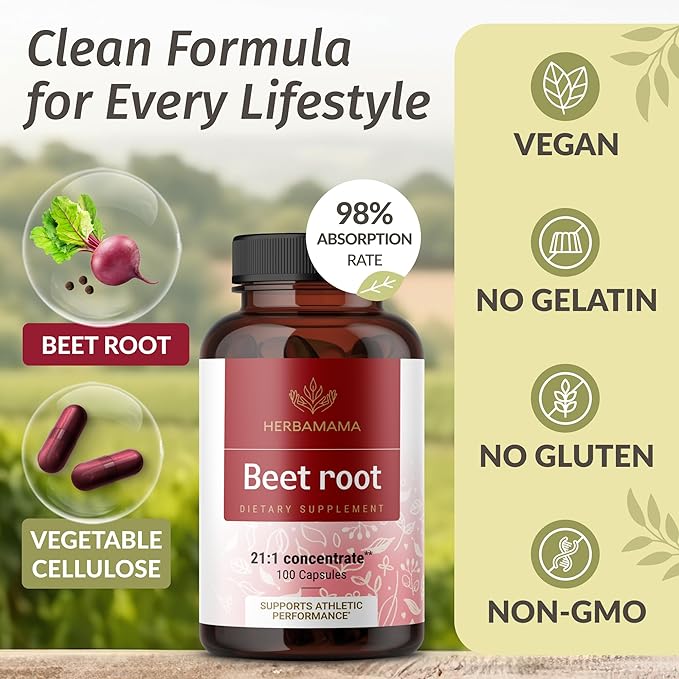HERBAMAMA Beet Root Extract 21:1 – 1300mg per Serving = 27300mg Beet Root Powder with Black Pepper for Energy Antioxidant &amp Immune Support – Vegan Non-GMO