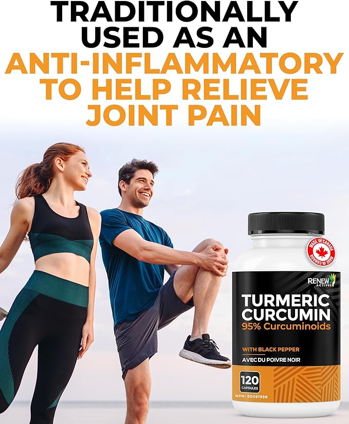 Renew Actives Turmeric Curcumin with Black Pepper – 600MG Turmeric Root 100MG Curcuminoids per 2 Capsules – Supports Digestion Liver Health Joint Relief &amp Mobility – Made in Canada – 120 Capsul