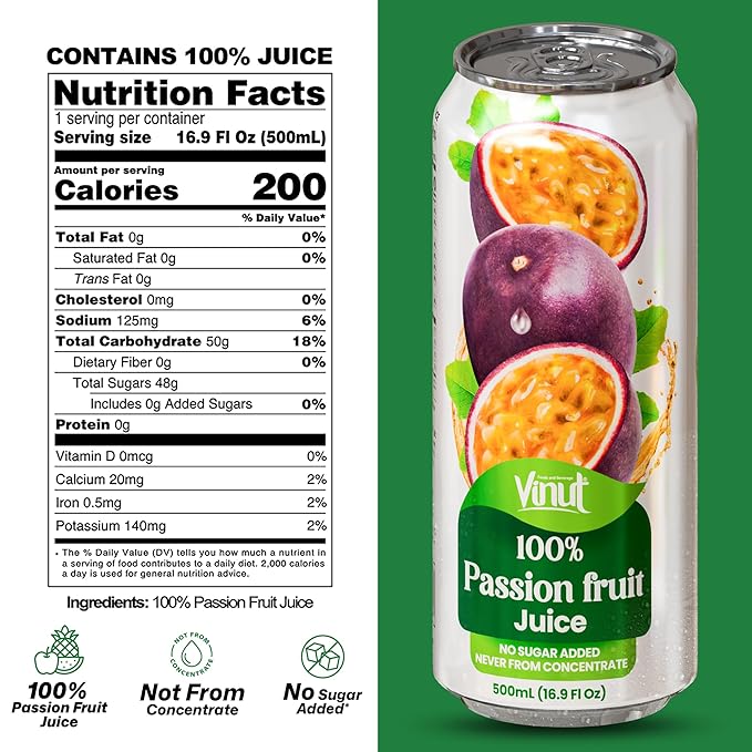 VINUT 100% Passion Fruit Juice No Added Sugar Not From Concentrate 16.9 fl oz (500 mL) Can Pack of 12