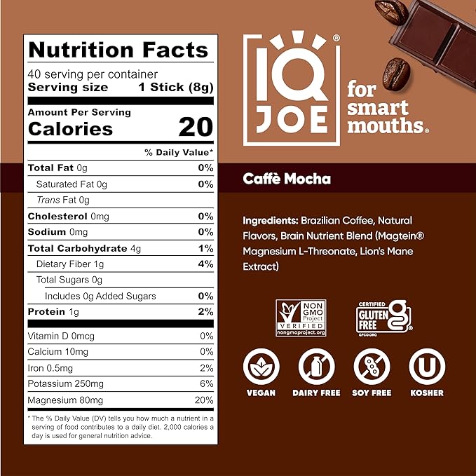 IQJOE Mushroom Coffee Packets (40 Servings) Lion’s Mane Magtein Magnesium Antioxidants Adaptogens - Caffe Mocha - Instant Coffee for Focus Clarity Mood Energy Boost - Sugar Free Keto Vegan