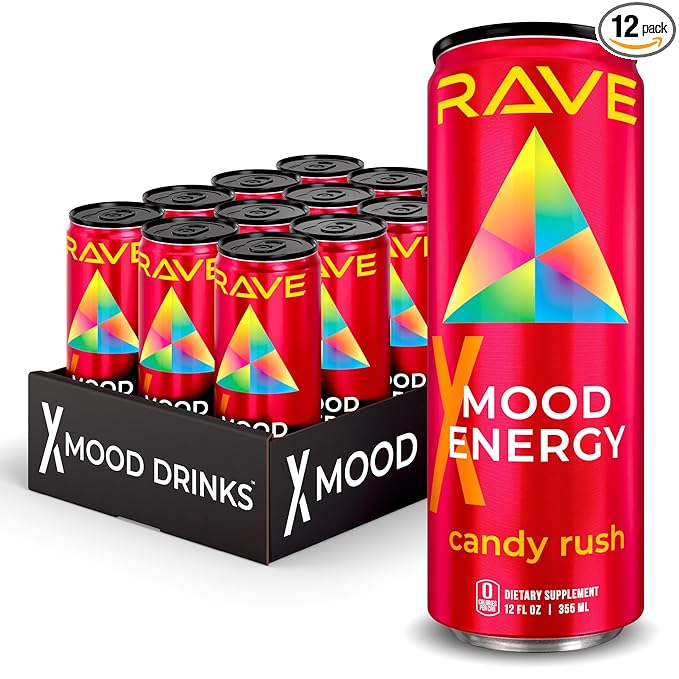 RAVE Mood Energy Drink is Mind Blowingly Different. With Mood-Boosting Functional Mushrooms Nootropics Adaptogens &amp B Vitamins. Experience Mind &amp Body Rush! 225mg Caffeine - Electrolytes - Z
