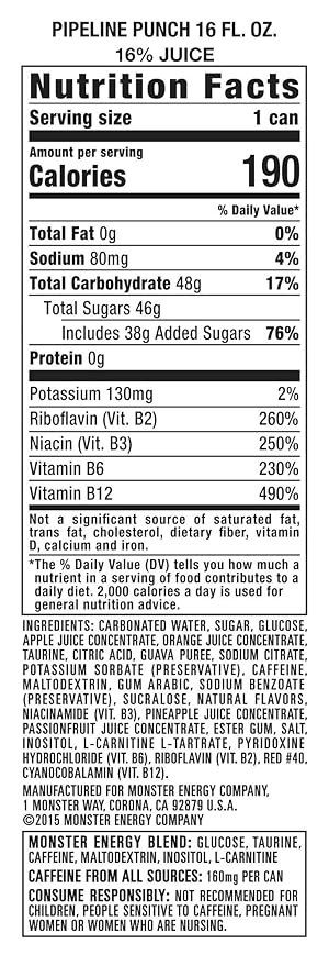 Monster Energy Juice Pipeline Punch Energy Drink 16 Ounce | Energy + Juice Pack of 15