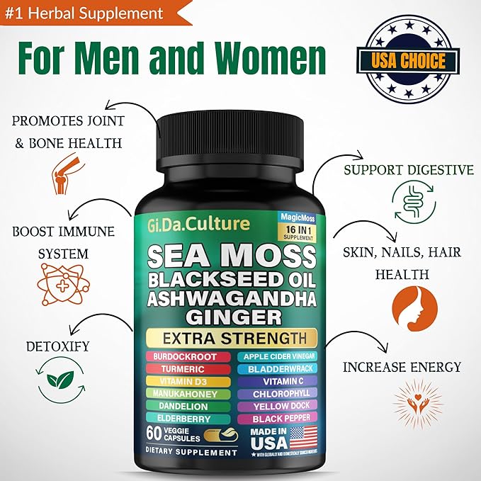 Organic Sea Moss Capsules - Organic Irish Sea Moss Black Seed Oil Ashwagandha Ginger Burdock Root Bladderwrack Turmeric Black Pepper Vitamin C D3-60 Veggie Capsules for Men &amp Women