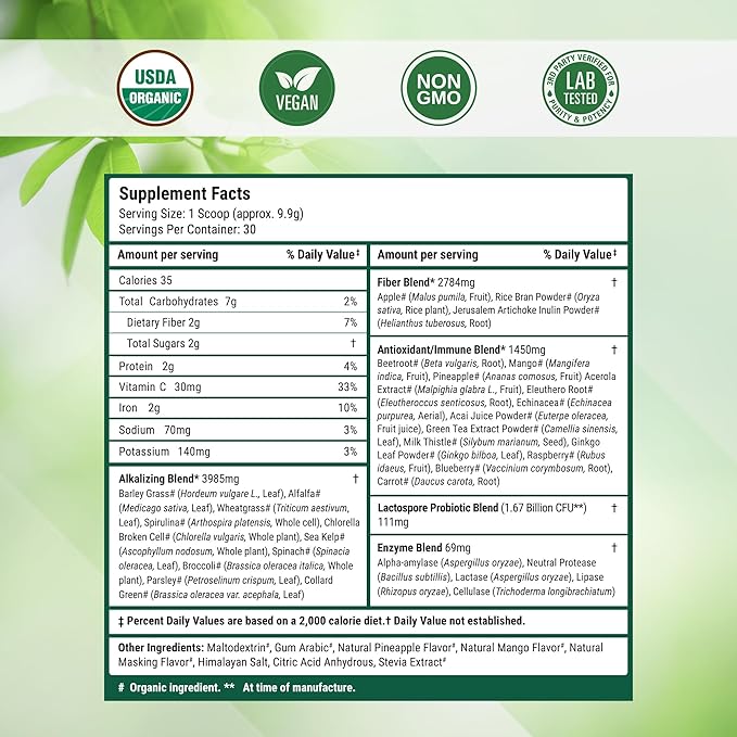 Nested Naturals Super Greens Daily Superfood Powder - Certified USDA Organic Green Powder w/Whole Foods Spirulina Wheat &amp Barley Grass - Probiotics Fiber &amp Enzymes - Pineapple Mango 30 Ser