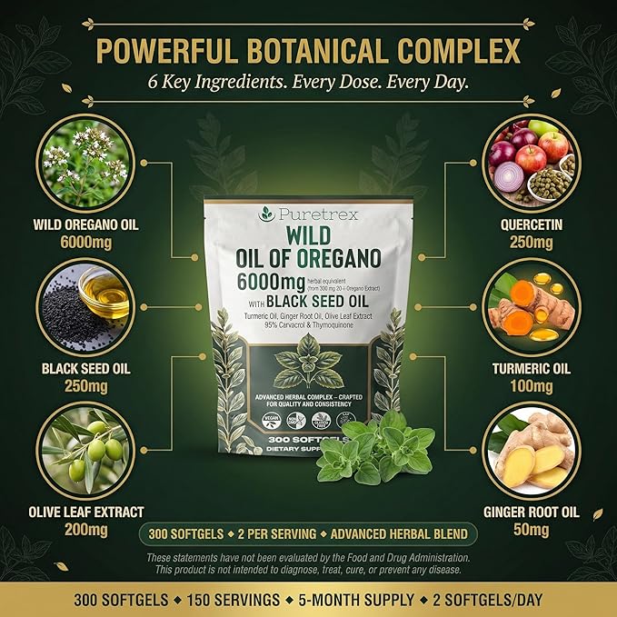 Wild Oil of Oregano 6000mg with Black Seed Turmeric &amp Ginger – 300 Softgels | 95% Carvacrol &amp Thymoquinone | Immune Gut &amp Respiratory Support | High-Potency Herbal Complex – Vegan &amp