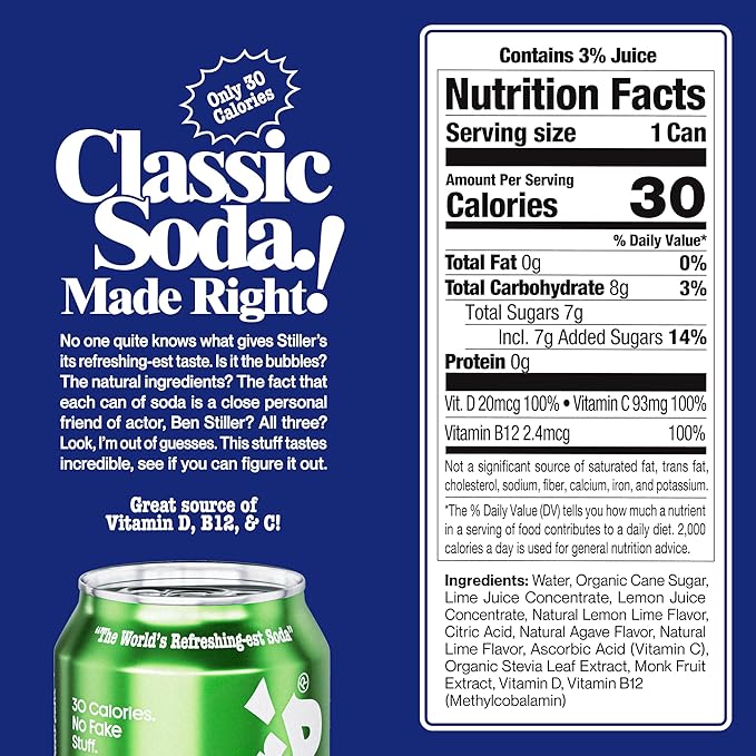 Stiller’s Lemon Lime Soda 12 Pack Cans of Low Sugar Sparkling Soda Natural Lemon Lime Drink with Vitamins Stevia Soda Caffeine-Free Alternative to Diet Soda
