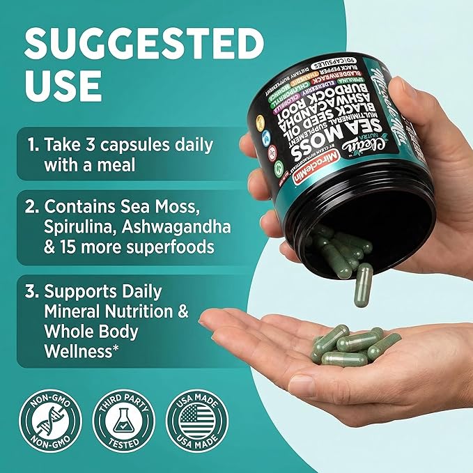 Clean Nutra Organic Sea Moss Capsules with Ashwagandha Black Seed Oil Burdock Root Bladderwrack Moringa Chlorella Spirulina Turmeric Elderberry Amla – 90 Vegan Capsules – MiracleMin