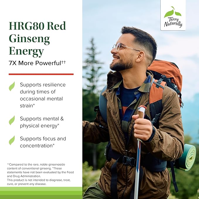 Terry Naturally HRG80 Red Ginseng Energy - Supplement to Support Healthy Energy &amp Focus - Herbal Supplement with Korean Red Ginseng Root Powder - Vegan Tablets to Aid Healthy Endurance - 30 Capsul