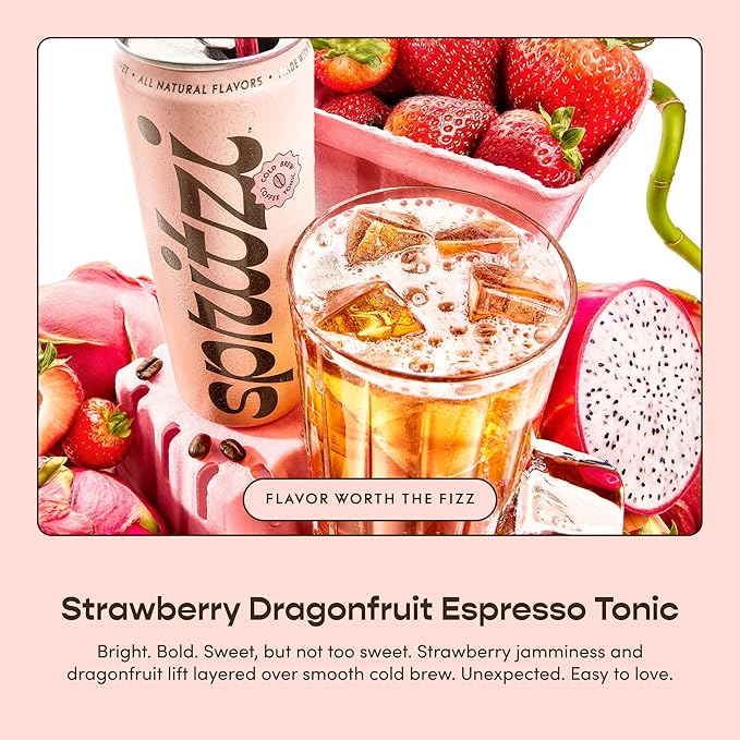 Spritzi Strawberry Dragonfruit - Sparkling Espresso Tonic - 75mg Caffeine 9g Sugar Fair Trade Coffee Naturally Sweetened Refreshing Energy Alternative - Canned Coffee Drinks (12 Fl Oz x 12 Pack)