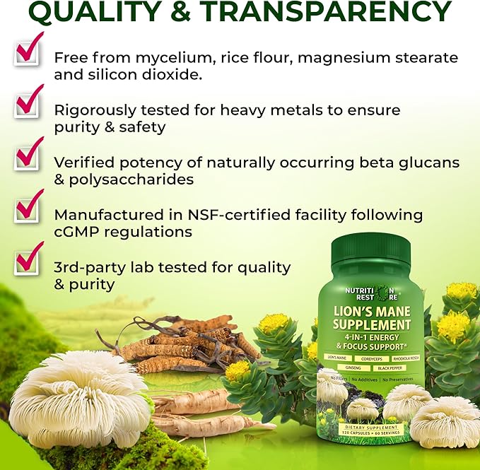 Organic Lion's Mane Supplement Capsules - Contains Naturally Occurring Beta Glucans &amp Polysaccharides Enhanced with Organic Energy &amp Focus Support Blend: Cordyceps Rhodiola Rosea Ginseng 1