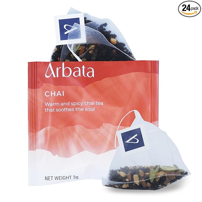 Arbata Chai Tea 24 Pyramid Tea Bags – Artisanal Spiced Black Tea with Cardamom Cinnamon &amp Ginger Mildly Caffeinated Premium Chai Tea Sachets