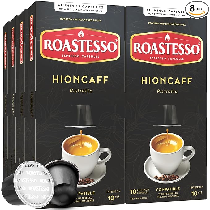 Roastesso Espresso Capsules Hioncaff Intensity 10 Compatible with Nespresso Original Machines High Caffeine Dark Roast Ristretto Single Serve Recyclable Coffee Pods (80 Count)