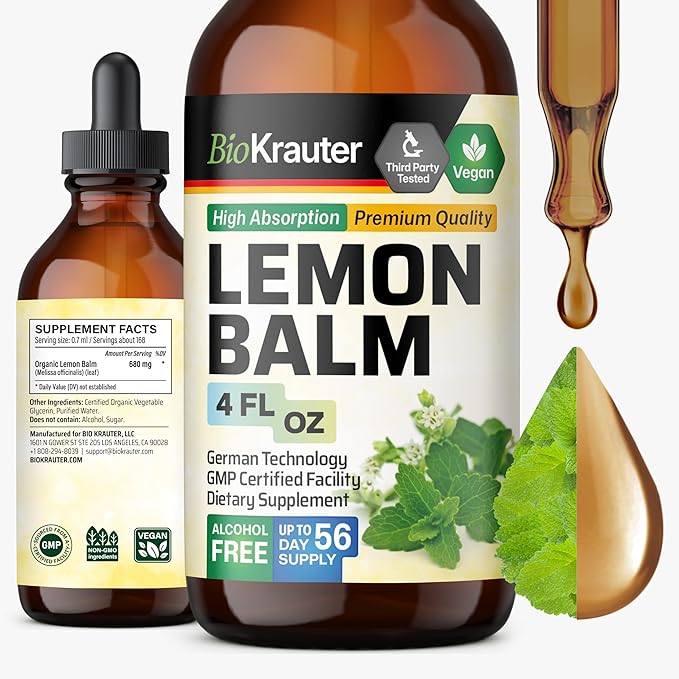 BIO KRAUTER® Lemon Balm Tincture 680 mg Melissa Officinalis - Pure Vegan Lemon Balm Extract 4 Fl.Oz 56 Days of Supply - Natural Calming &amp Sleep Support - Alcohol &amp Sugar Free - Digestion &amp