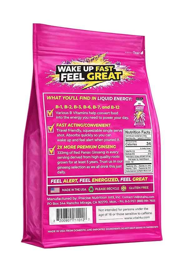 Vital 4U Liquid Energy Shot - Ginseng B Vitamins Naturally Sweetened Coffee Flavor 24 ct