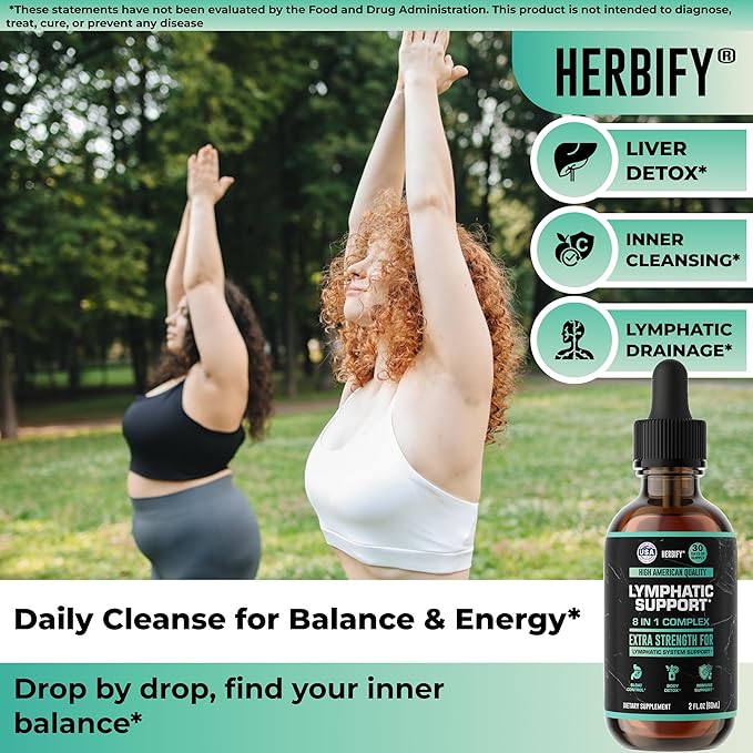 HERBIFY Lymphatic Drainage Drops for Liver Detox &amp Immune Support - Lymph System Support Drops - Detox Cleanse - 60 Days Supply - 2 Fl Oz Made in USA