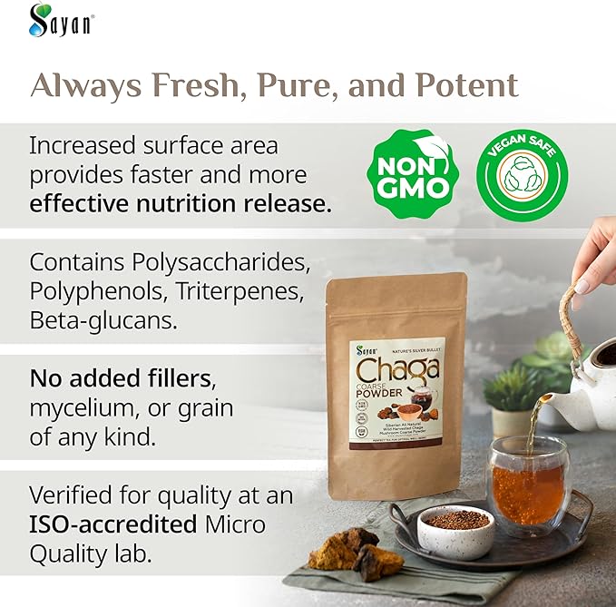 Sayan Siberian Pure Raw Coarse Chaga Powder 4 Oz / 113g – Premium Wild Forest Harvested Super Antioxidant Tea – Supports Immune System and Digestive Health – Focus Energy Clarity Wellness - Non-GMO