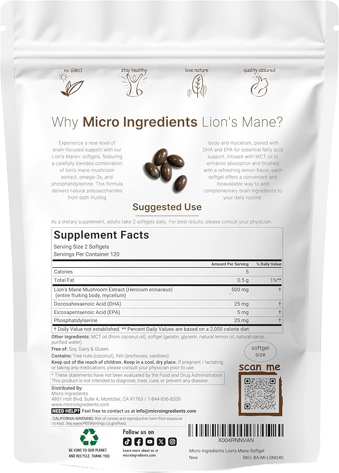 Micro Ingredients Lions Mane+ with Omega-3 EPA DHA &amp Phosphatidylserine – 240 Softgels with MCT Oil for Better Absorption – Fruiting Body &amp Mycelium Superfood Mushroom Extract – Lemon Flavored