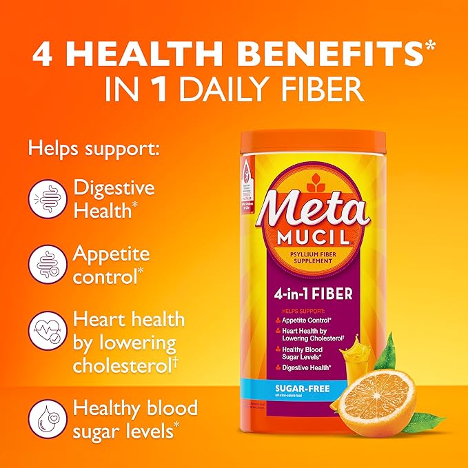 Metamucil 4-in-1 Psyllium Husk GLP-1 Friendly Fiber Supplement Sugar-Free 180 teaspoons Orange Flavored Daily Fiber Powder for Digestive Health made with Plant-Based Psyllium Husk Fiber