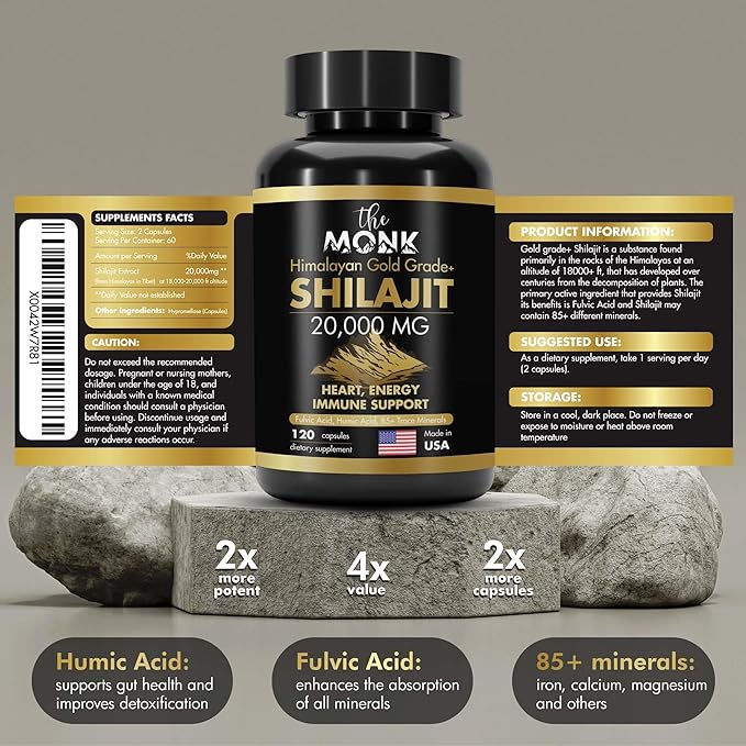 Organic Shilajit with Fulvic Acid Humic Acid 85+ Minerals- Gold Grade Plus - Same as Resin - Energy Stamina Brain Support - 120 Capsules - Made in The USA