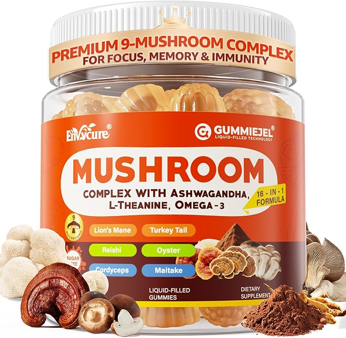 Mushroom Gummies 16-IN-1 Brain Gummies w/Lion’s Mane Reishi Cordyceps Chaga Maitake B12 DHA Ashwagandha L-Theanine &amp More Mushroom Supplement for Adults -Memory Focus &amp Energy Suppo
