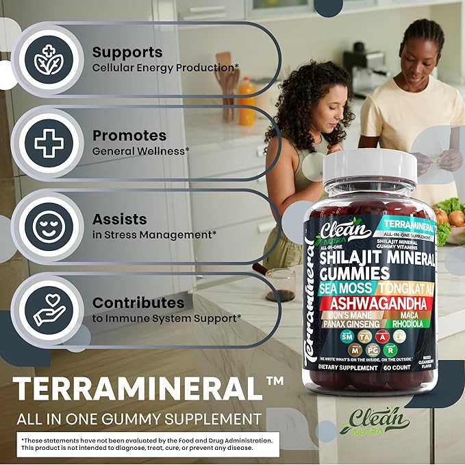 Terramineral Shilajit Gummies with Irish Sea Moss Tongkat Ali Ashwagandha Lion's Mane MACA Panax Ginseng Rhodiola &amp Cordyceps by Clean Nutra (1)
