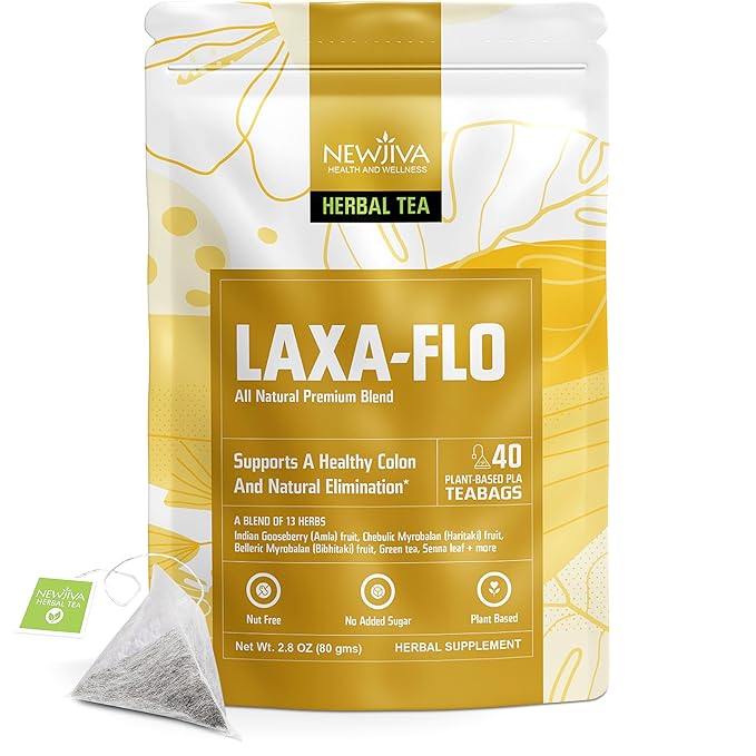 Newjiva Laxa-Flo Herbal Tea - 40 Tea Bags Per Pack - All Natural - Includes Senna leaf Green Tea Amla Haritaki Bibhitaki Peppermint Fenugreek seed &amp more - GMP Certified Facility